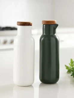 Azijn- en olie-dispenser Essentials van porselein en acaciahout, set van 2^ladelle Sale