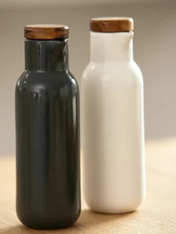 Azijn- en olie-dispenser Essentials van porselein en acaciahout, set van 2^ladelle Sale