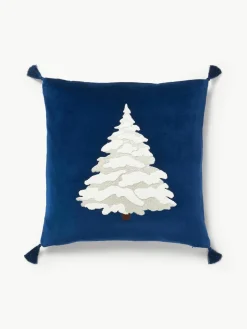 Fluwelen kussenhoes Amara met geborduurde kerstboom^Westwing Collection New