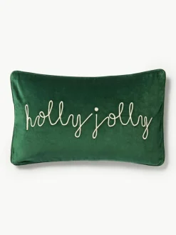 Geborduurde fluwelen kussenhoes Holly Jolly met bies^Westwing Collection Hot