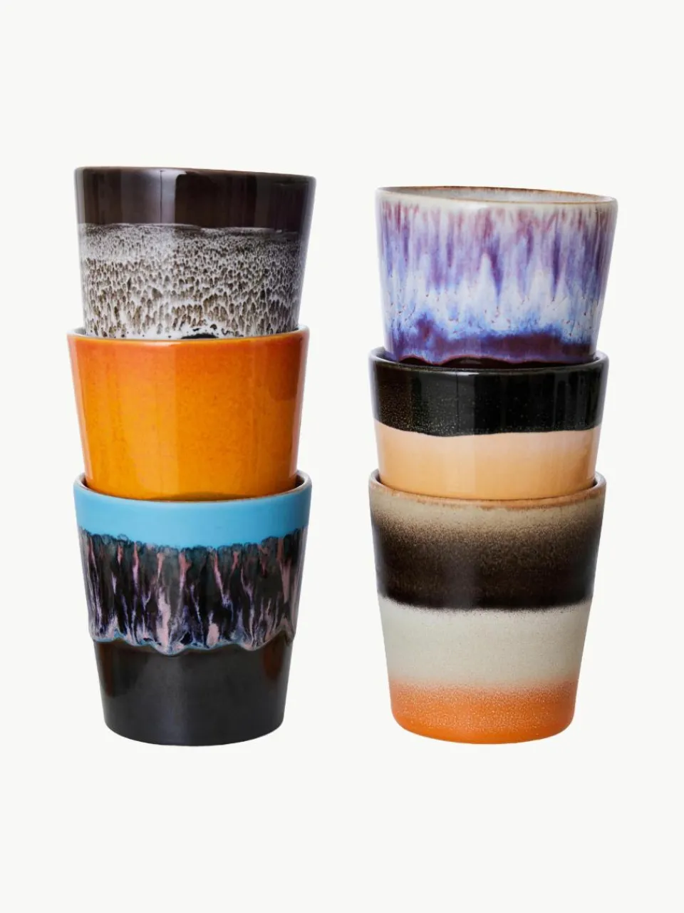 Handbeschilderde keramische bekers 70's met reactief glazuur, set van 6^HKLIVING Hot