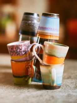 Handbeschilderde keramische espresso kopjes 70's met reactief glazuur, set van 4^HKLIVING Clearance