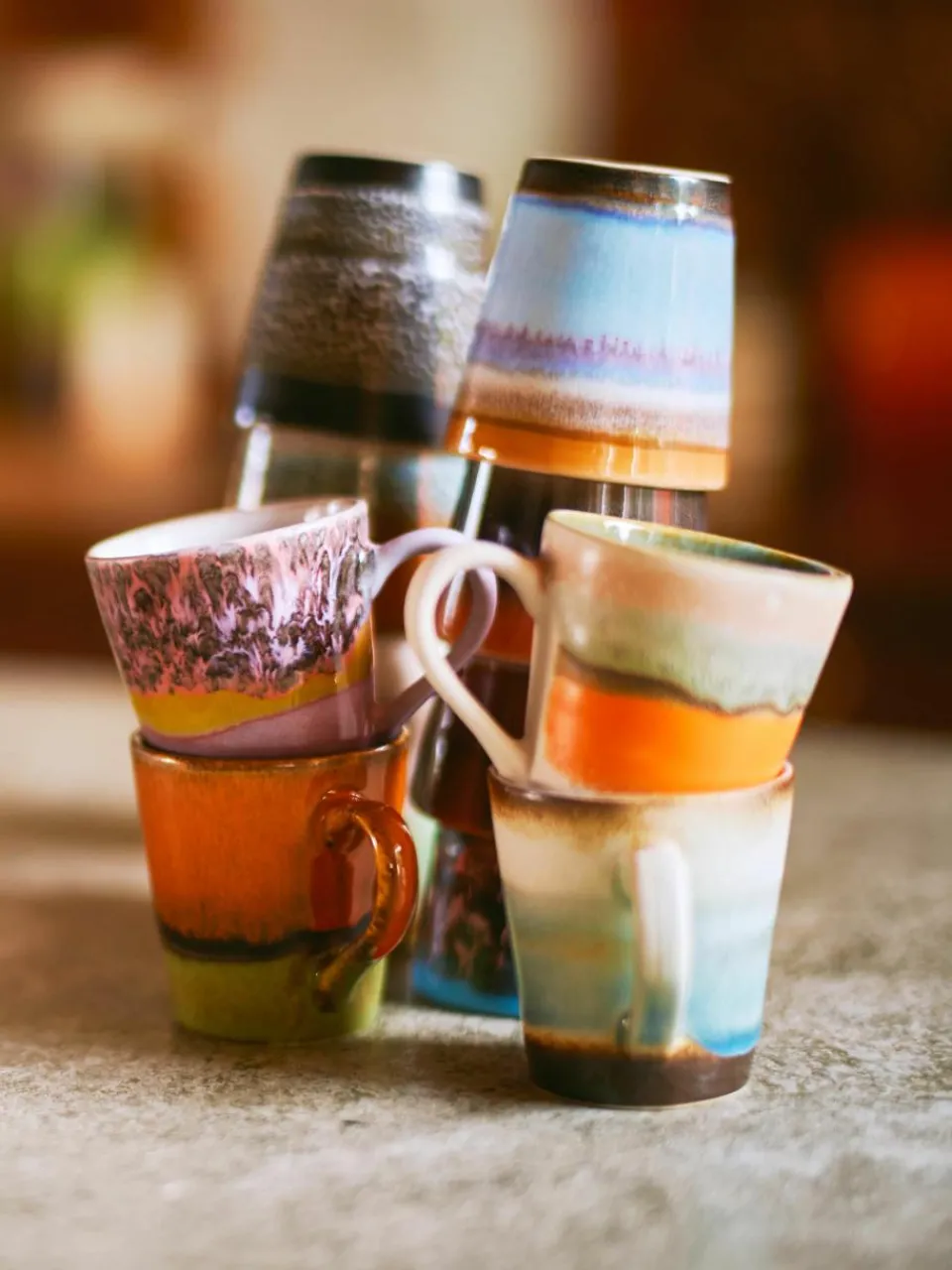 Handbeschilderde keramische espresso kopjes 70's met reactief glazuur, set van 4^HKLIVING Clearance