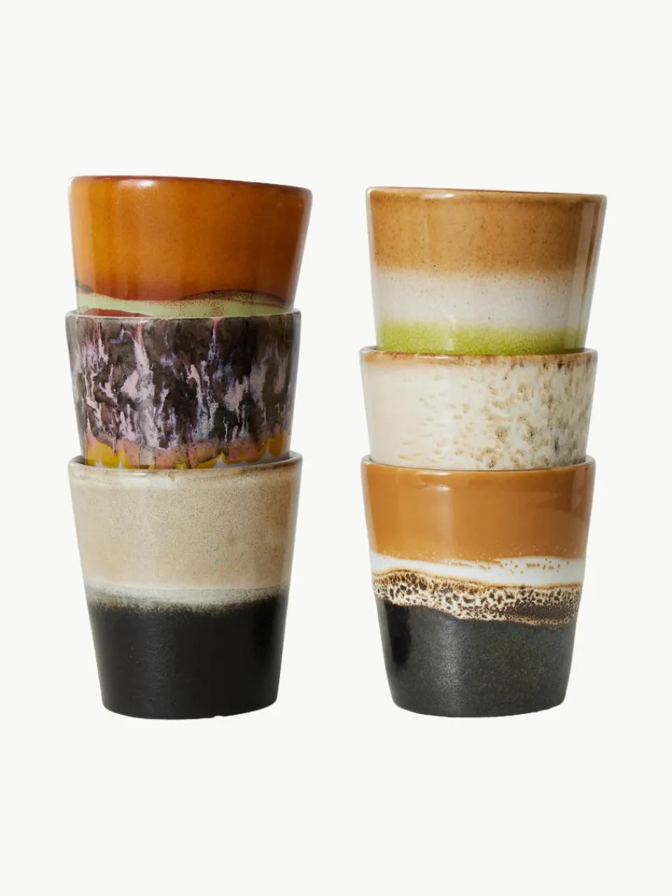 Handbeschilderde keramische bekers 70's met reactief glazuur, set van 6^HKLIVING Outlet