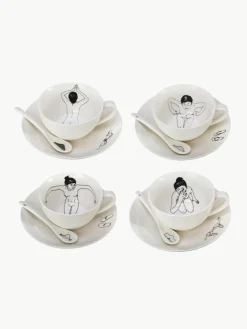 Handbeschilderde koffiekopjes Undressed met schoteltjes en lepels, set van 4^Pols Potten Best