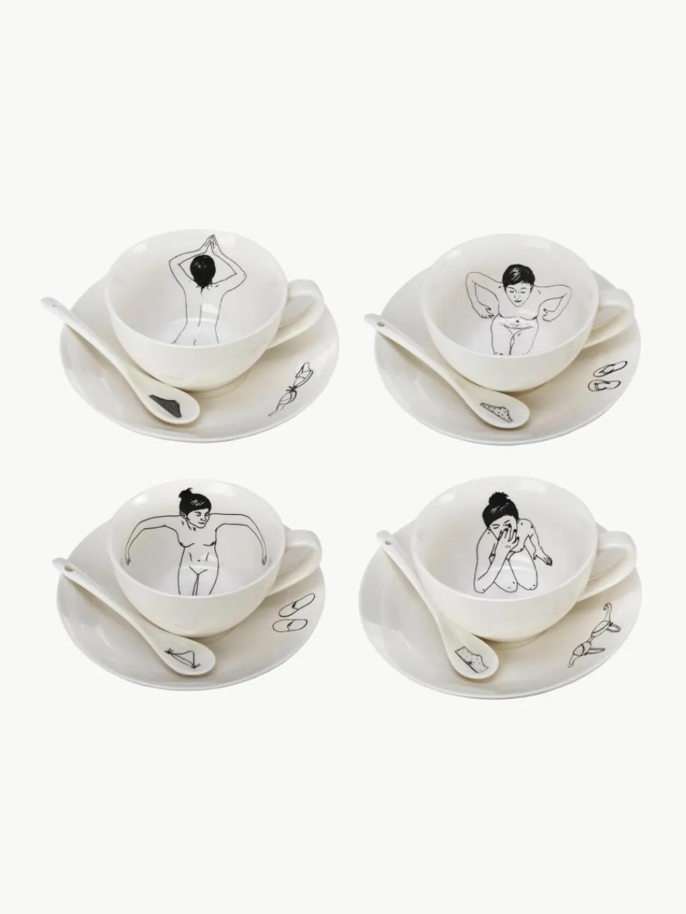 Handbeschilderde koffiekopjes Undressed met schoteltjes en lepels, set van 4^Pols Potten Best