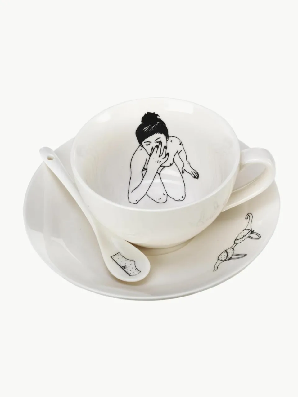 Handbeschilderde koffiekopjes Undressed met schoteltjes en lepels, set van 4^Pols Potten Best