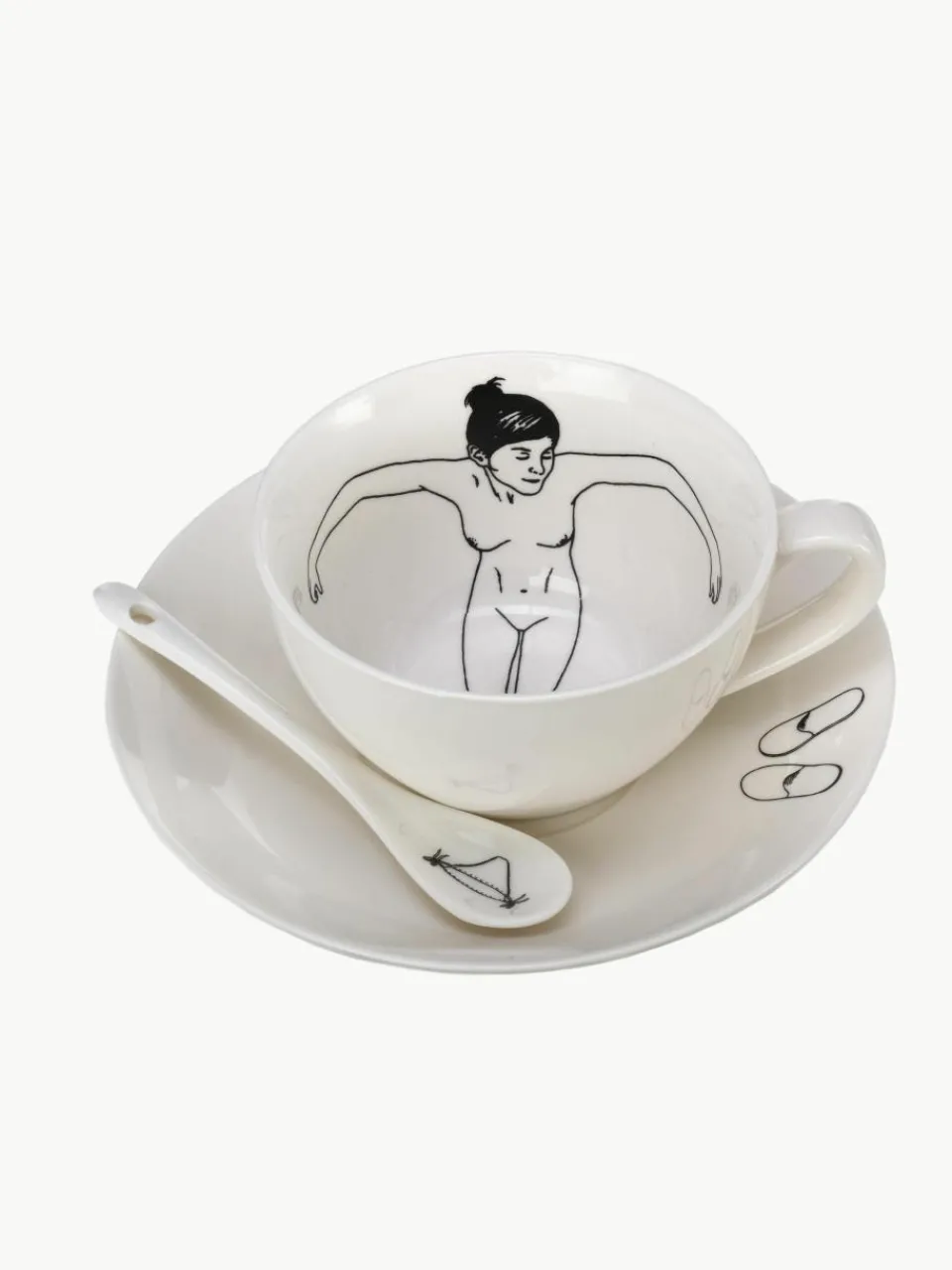 Handbeschilderde koffiekopjes Undressed met schoteltjes en lepels, set van 4^Pols Potten Best