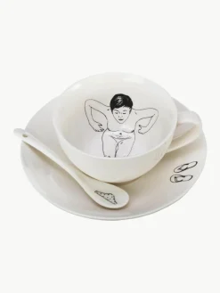Handbeschilderde koffiekopjes Undressed met schoteltjes en lepels, set van 4^Pols Potten Best