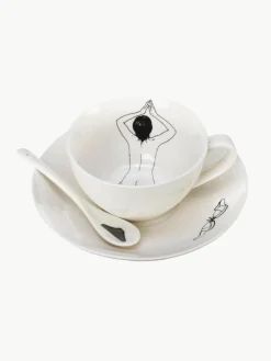 Handbeschilderde koffiekopjes Undressed met schoteltjes en lepels, set van 4^Pols Potten Best
