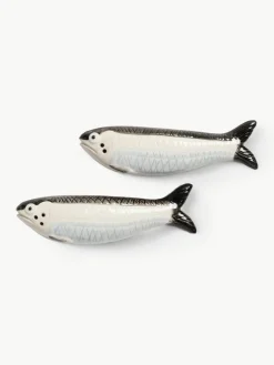 Handbeschilderde zout- & peperstrooier Sardine van dolomiet, 2-delig^&k Amsterdam Hot