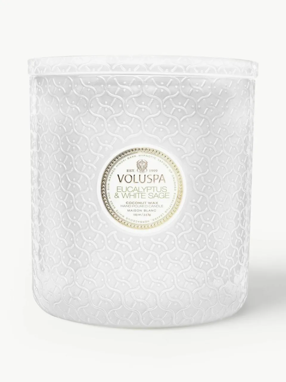 Handgemaakte 3-lonts geurkaars Maison Blanc (eucalyptus, kardemom, saliekleurig & hinoki-schors)^Voluspa Online