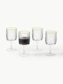 Handgemaakte wijnglazen Minna met groefreliëf en goudkleurige rand, 4 stuks^Westwing Collection Fashion