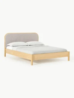 Houten bed Jones met hoofdeinde van bouclé^Westwing Collection Outlet