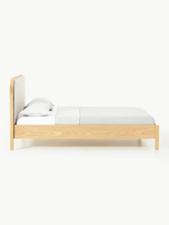 Houten bed Jones met hoofdeinde van bouclé^Westwing Collection Outlet