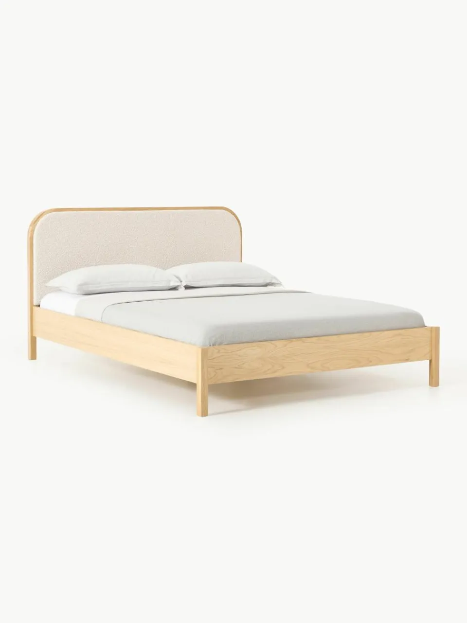 Houten bed Jones met hoofdeinde van bouclé^Westwing Collection Outlet