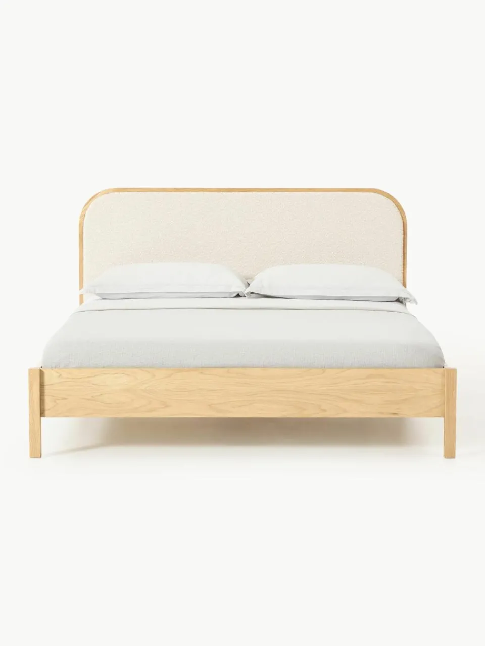 Houten bed Jones met hoofdeinde van bouclé^Westwing Collection Outlet