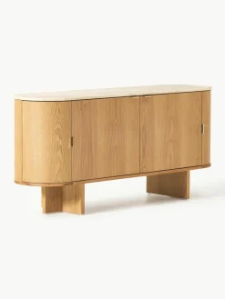 Houten dressoir Zumi met afgeronde hoeken en travertijn blad^Westwing Collection Discount