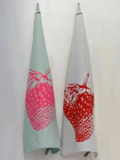 Linnen theedoek Strawberry, handgedrukt^Frohstoff Fashion