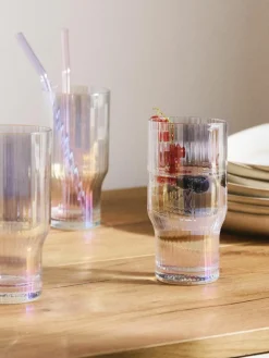 Mondgeblazen longdrinkglas Juno met groefreliëf en paarlemoer glans, 4 stuks^Westwing Collection Best