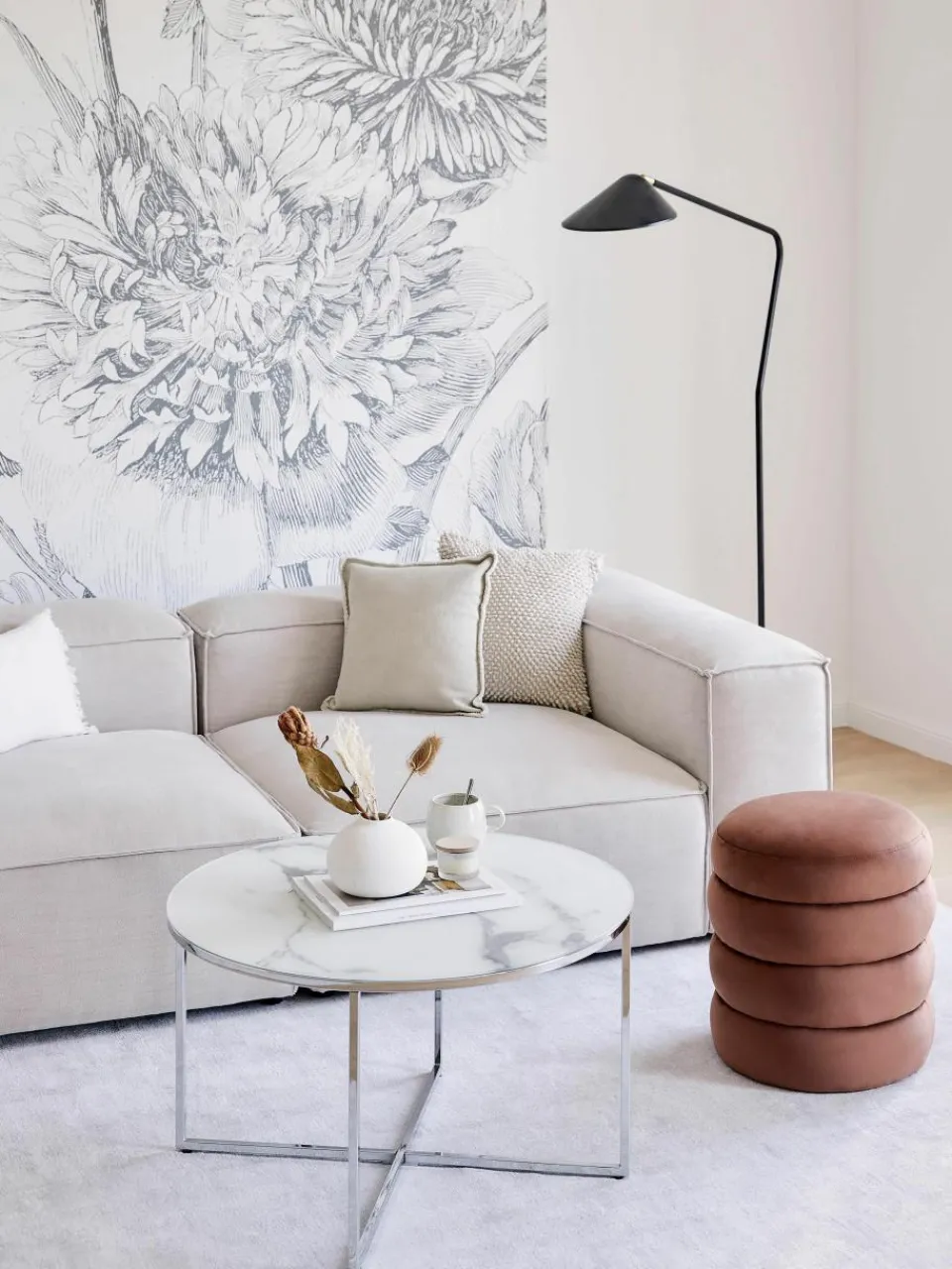 Ronde salontafel Antigua met glazen tafelblad in marmerlook^Westwing Collection Fashion
