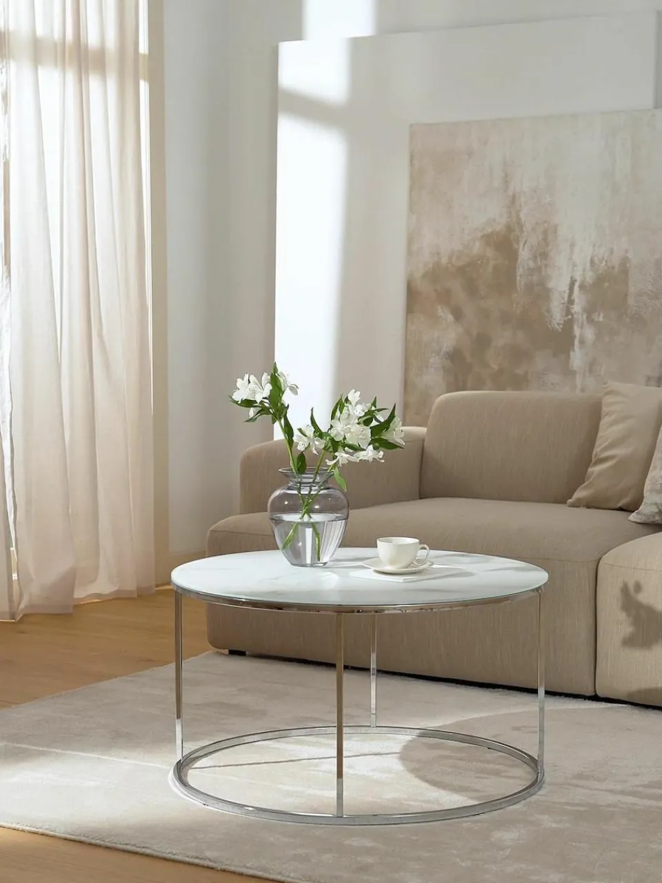 Ronde salontafel Antigua met glazen tafelblad in marmerlook^Westwing Collection Best