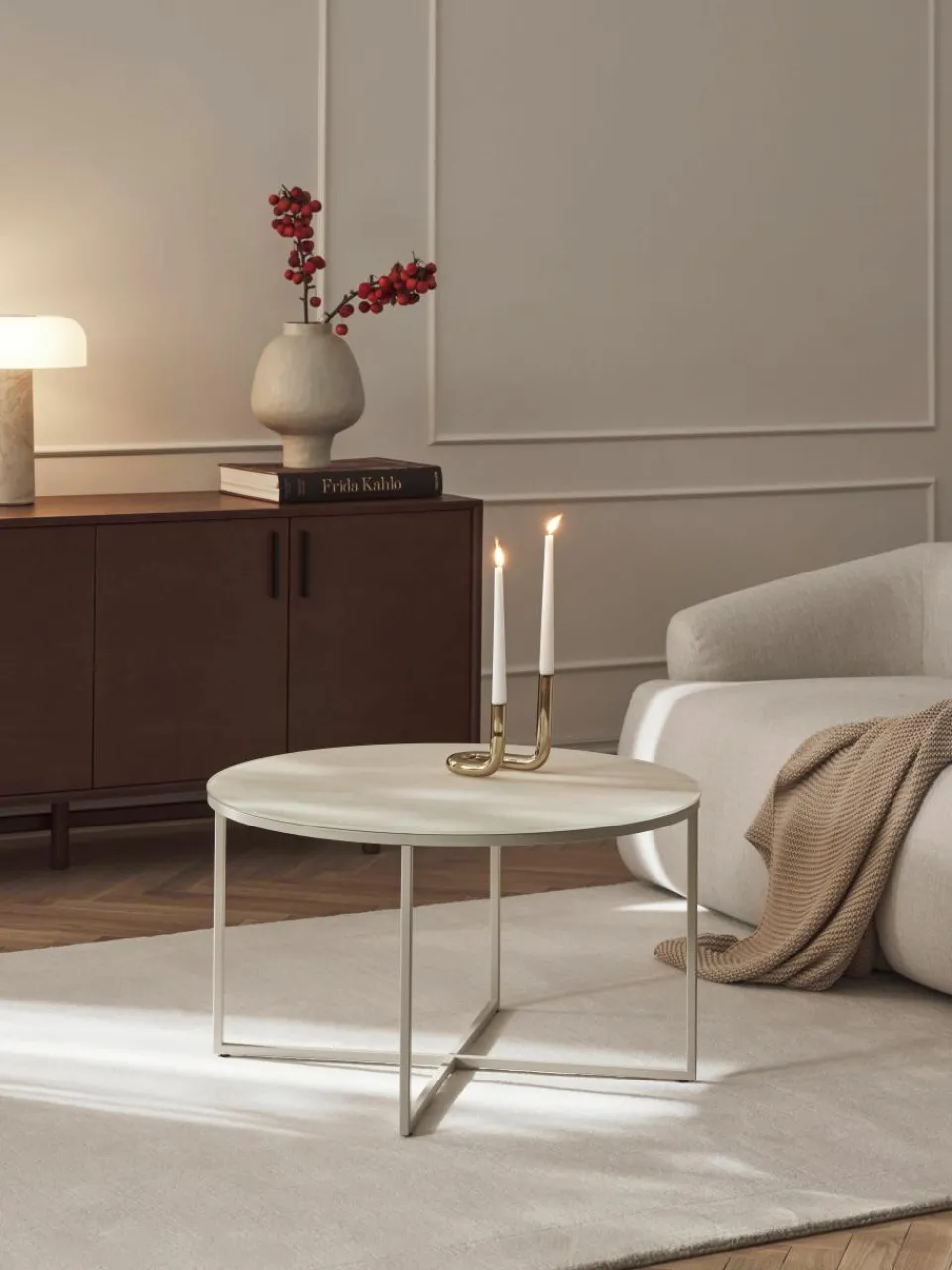 Ronde salontafel Antigua met glazen tafelblad met travertijn look^Westwing Collection Clearance