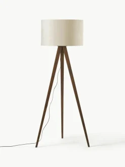 Tripod vloerlamp Jake van massief hout met fluwelen lampenkap^Westwing Collection Sale