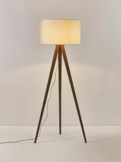 Tripod vloerlamp Jake van massief hout met fluwelen lampenkap^Westwing Collection Sale